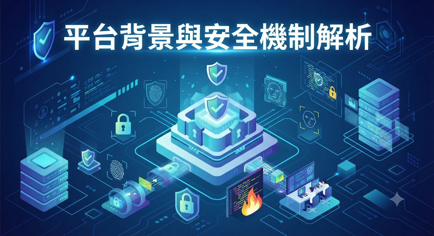 這是一張以「平台背景與安全機制解析」為主題的科技風插圖,畫面中包含伺服器、鎖頭與盾牌等資安視覺元素。 整體採用藍色調的數位背景,突顯出資訊安全與系統防護的核心概念。