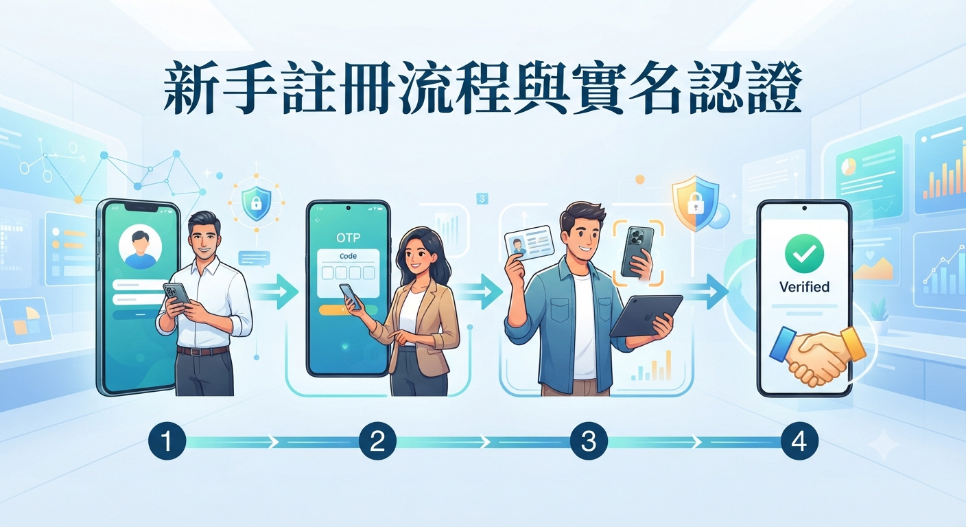 這是一張以「新手註冊流程與實名認證」為主題的資訊圖表。 畫面透過四個步驟展示了用戶從手機註冊、驗證到身分確認的完整過程。